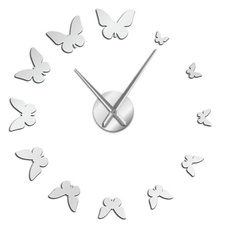 Nature Flying Butterflies Frameless Wall Clock Stickers, DIY Modern Decorative Clocks for Living Room, Bedroom, Office - Easy to Install, Large 3D Clock Design (Silver,47in)