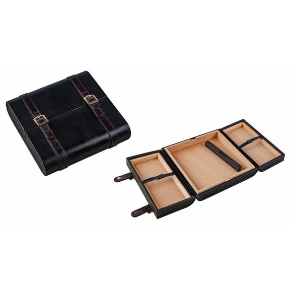 Augustus Travel Cigar Humidor - Black Leather w/Gold Buckles & Red Stitching - Capacity: 20