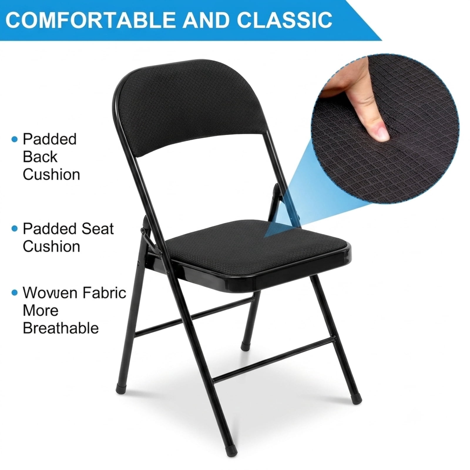 Fenbeli Fabric Padded Folding Chairs Set of 6, Black Portable Foldable Dining Chairs with Steel Frame, Space-Saving Seating for Home Office Events