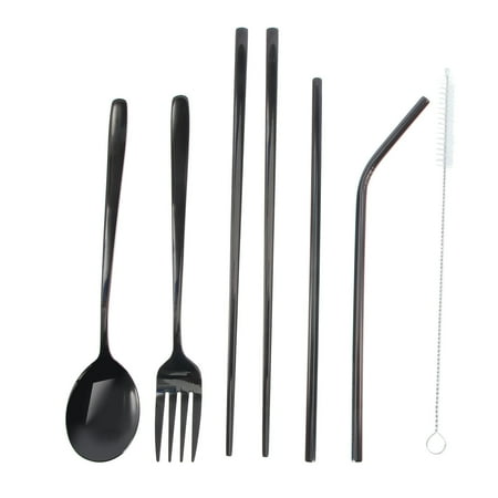 

6 Pcs 304 Stainless Steel Spoon Chopsticks Straw Cleaning Brush Set Reusable Cutlery Set with Drawstring Bag for Party Travel Picnic (Black)