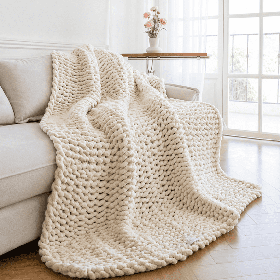 Chunky Knit Chenille Throw Blanket, 50x60 Inch Cream, Soft Cozy Woven Home Decor