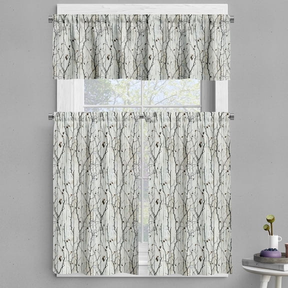 Botanical Valance & Tier Curtain 3 pcs Set, Autumn Vibe with Dried Leaves on Vertical Weathered Wood Planks Back, Window Treatments for Kitchen Room Decor, 55" x 36", Off White Dark Brown