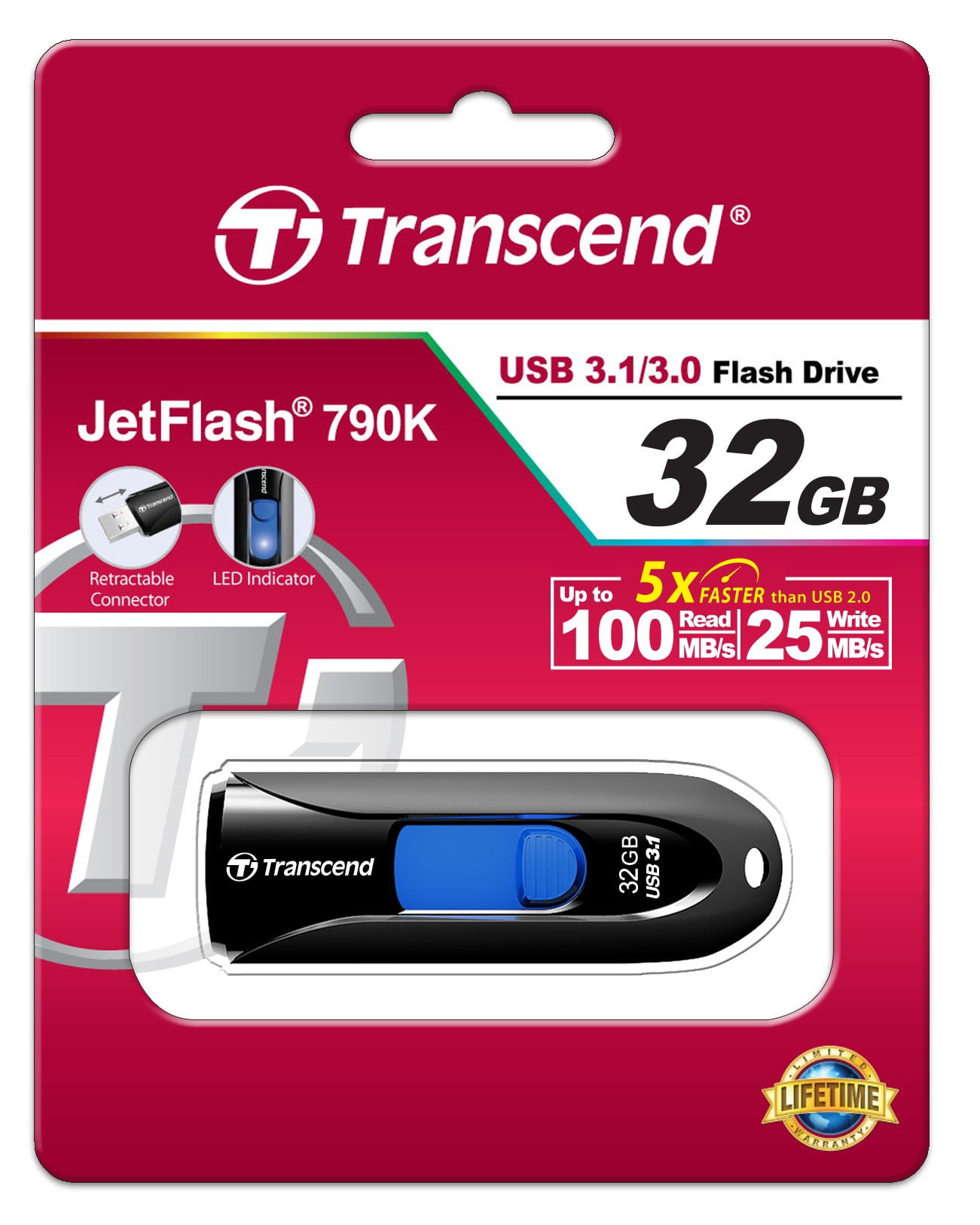Transcend 32GB JetFlash 790 USB 3.0 Flash Drive - 32 GB - USB 3.0 - Black, Blue