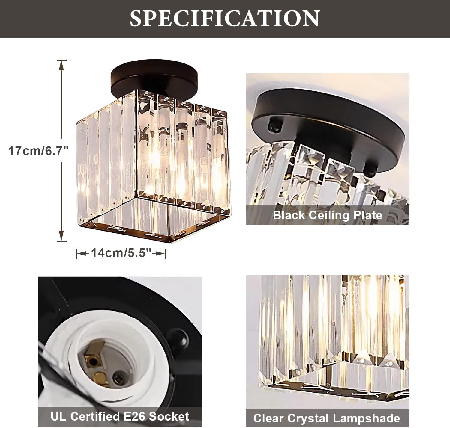 KCO Lighting Black Small Flush Mount Ceiling Light Mini Crystal Ceiling Lamp Modern Entryway Hallway Light Fixture