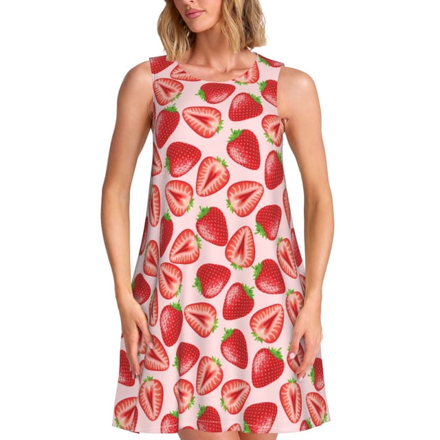 Fotbe Cute Strawberry Vestido de Verano sin Mangas para Mujer – Vestido Midi Línea A, Estilo Camiseta Floral, Vestido Playero Casual y Fluido