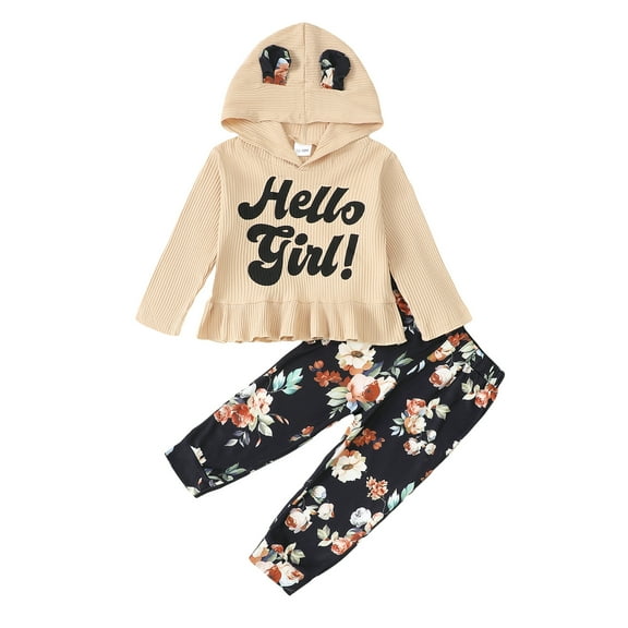 3T Baby Girls Clothes 4T Girls 2PCS Hoodie Outfits Set Letter Print Toddler Girls Long Sleeve Top Pants Set Apricot