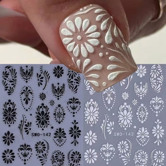 Set of 2 Self-Adhesive 5D Floral Vine Nail Art Stickers - Elegant Black and White Designs for Creative Nail Art