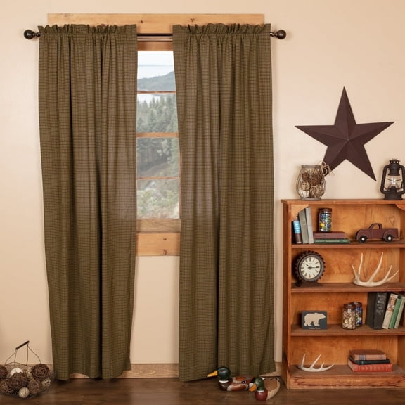 VHC Brands Tea Cabin Rustic 84"x40" Green Plaid Panel Pair Rod Pocket Cotton Tie Back(s) Window Curtains
