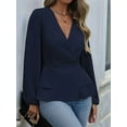 thumbnail image 4 of Women'S Elegant Solid Color Double Breasted Ruffle V-Neck Long Sleeved Shirt Navy Blue L, 4 of 8