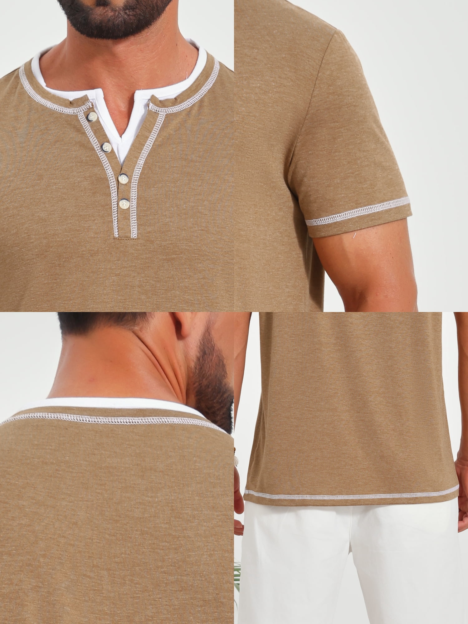 DARING DIVA Men's Henley V-Neck Colorblock Button Down Short Sleeve T-Shirt M Khaki