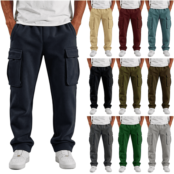 Daweinan Men's Sweatpants 4 Pocket Cargo Straight Leg Warm Brushed Casual Joggers Solid Color for Workout Outdoor Winter Daily Wear