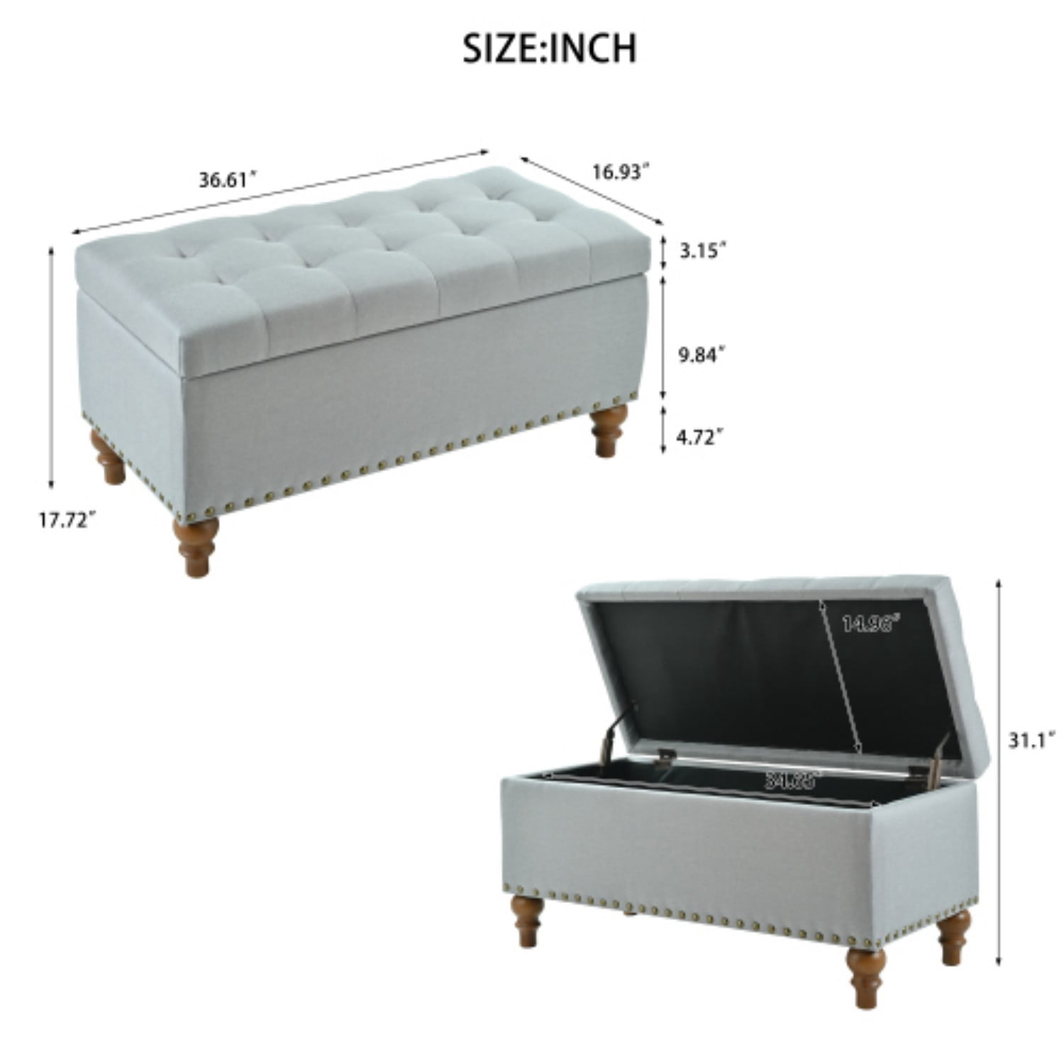 Storage Ottoman Bench with Hinged Lid, Linen Upholstered Footrest with Hidden Storage, Bedroom Entryway Living Room Bench, Grey