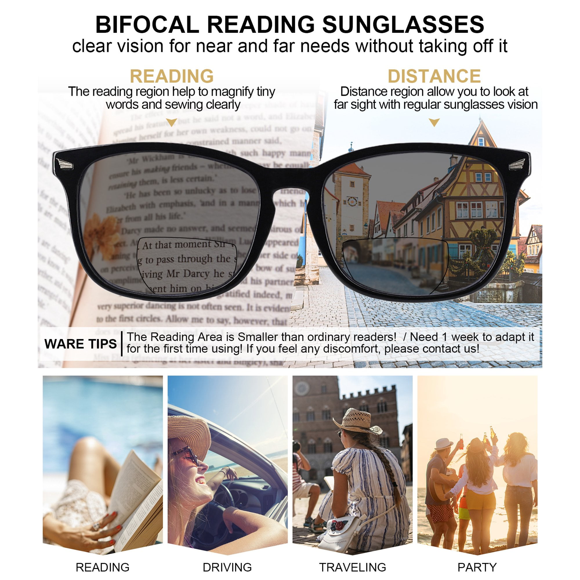MARE AZZURO Bifocal Reading Sunglasses Women Trendy Square Outdoor Readers 0.0 1.0 1.5 2.0 2.5 3.0 3.5 4.0 (Black, 1.00)