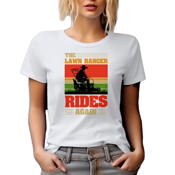 Retro The Lawn Ranger, Rides Again, Funny Lawn Mower Pun Quote, White T-Shirt, Small