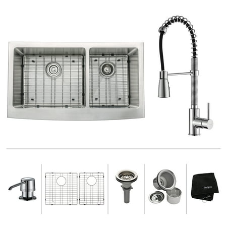 KRAUS 36 Inch Farmhouse Double Bowl Stainless Steel Kitchen Sink with Commercial Style Kitchen Faucet & Soap Dispenser in