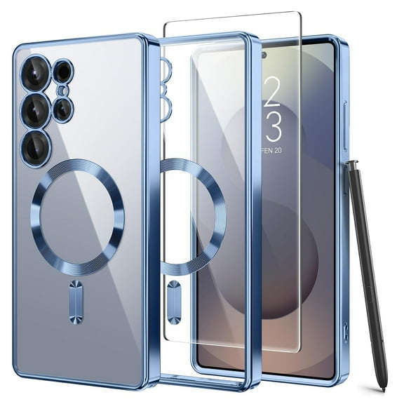 Dteck Magnetic Case Compatible with Samsung Galaxy S25,Compatible with MagSafe Full Camera Protection Screen Protector Shockproof Plating TPU Clear Phone Cover for Galaxy S25 ,Blue