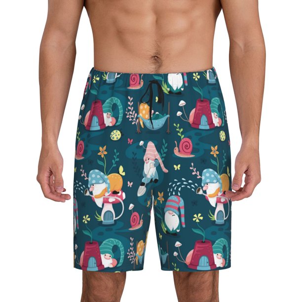 Balery Garden Gnomes In Flower Pantalones cortos de pijama de punto de algodón para hombre con cinturilla y bolsillos-3X-Large