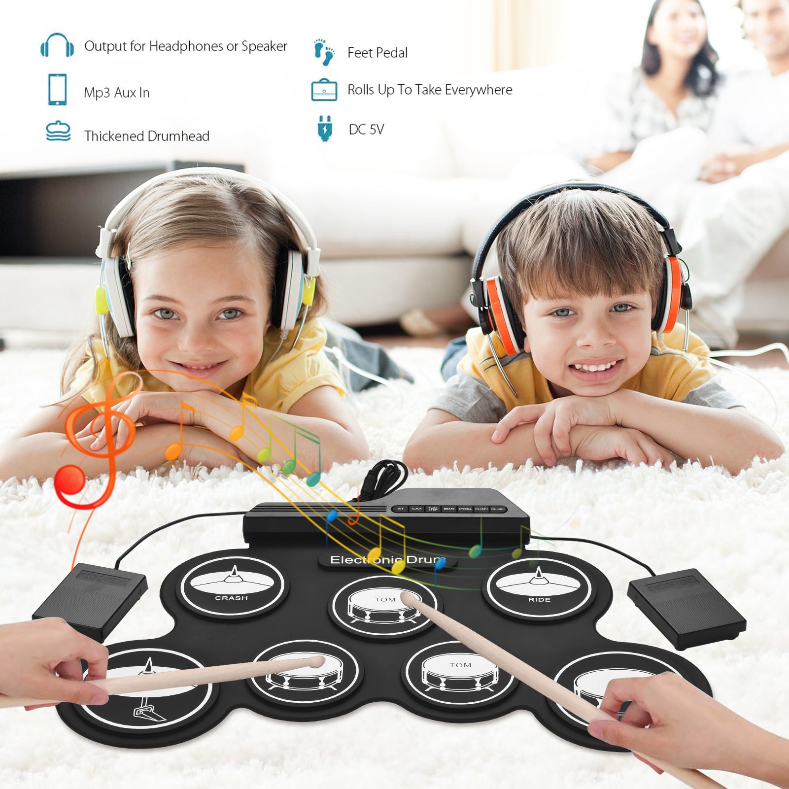 Compact Size USB Roll-Up Silicon Drum Set Digital Electronic Drum Kit 7 Drum Pads with Drumsticks Foot Pedals for Beginners Children Kids