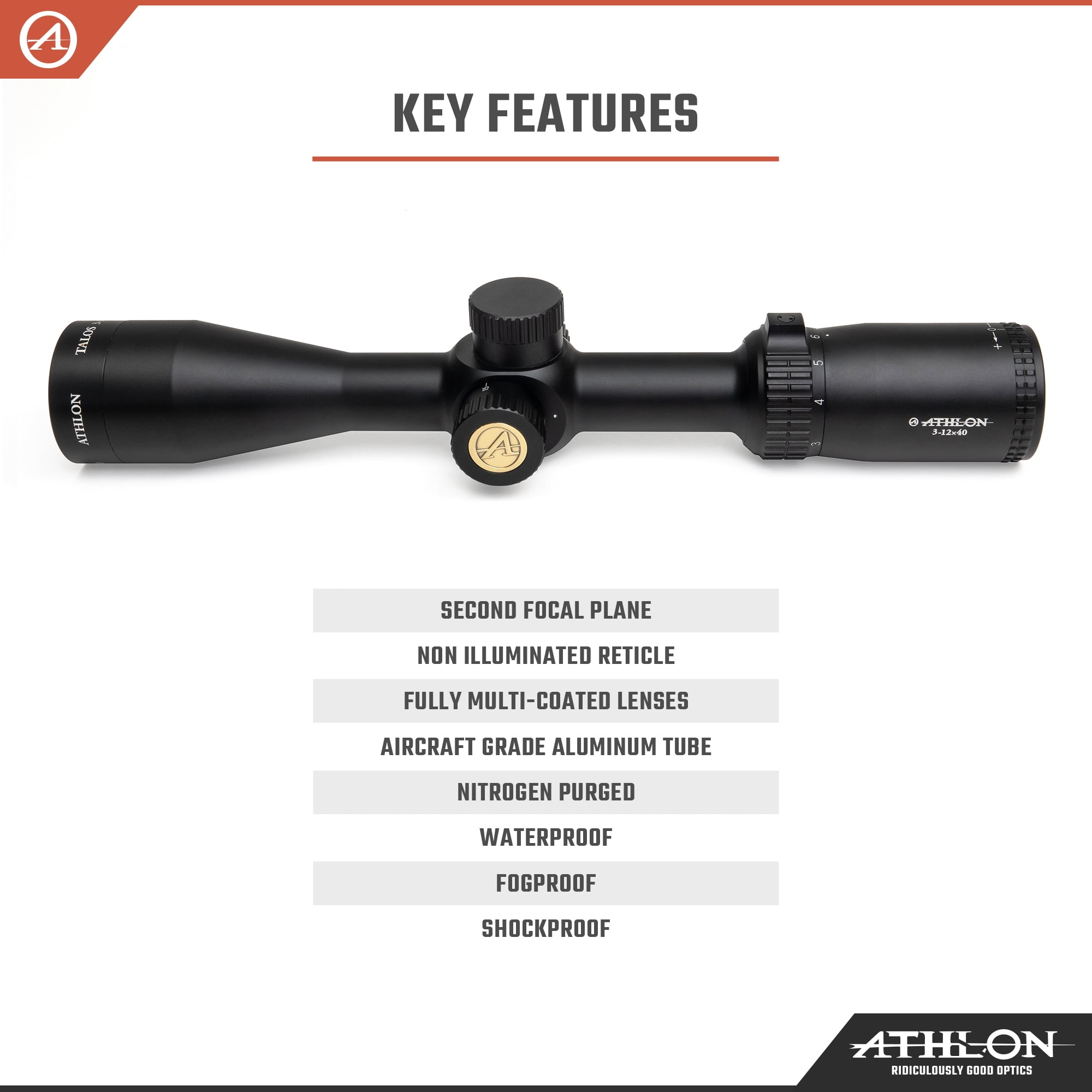 Athlon Optics Talos Riflescope, 3-12 x 40, SFP, 1in Tube, MIL Dot Reticle, Lifet