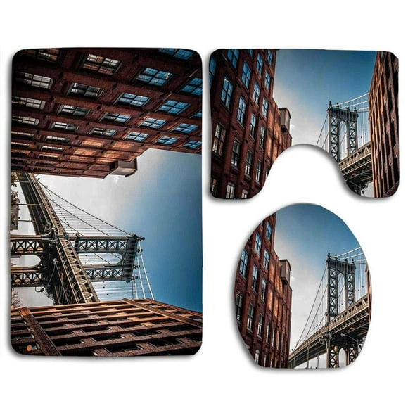 EREHome Manhattan Bridge Seen from a Narrow Alley Island Borough Globally Influential Town Nyc Photo 3 Piece Bathroom Rugs Set Bath Rug Contour Mat and Toilet Lid Cover
