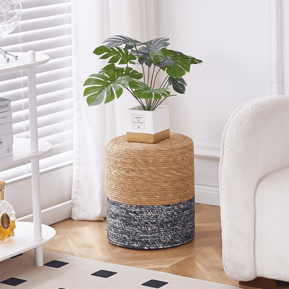 Tcbosik 14" Round Ottoman, Hand Weave Natural Seagrass Footrest, Boho Foot Stool, Small Accent Table for Living Room, Bedroom, Natural+Blue