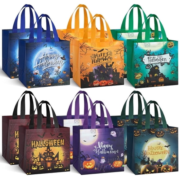 12PCS Halloween Gift Bags 9.1×7.87×4.3 In, Halloween Non-Woven Reusable Tote Bags with Handles, Halloween Candy Bags, Trick or Treat Goodie Bags for Kids Party Favors