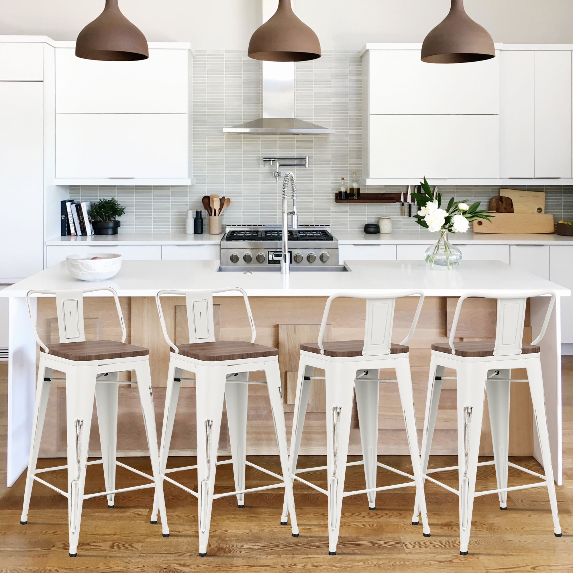 Andeworld Bar Stools Set of 4 Counter Height Stools Industrial Metal Barstools with Wooden Seats( 30 Inch, Distressed White )