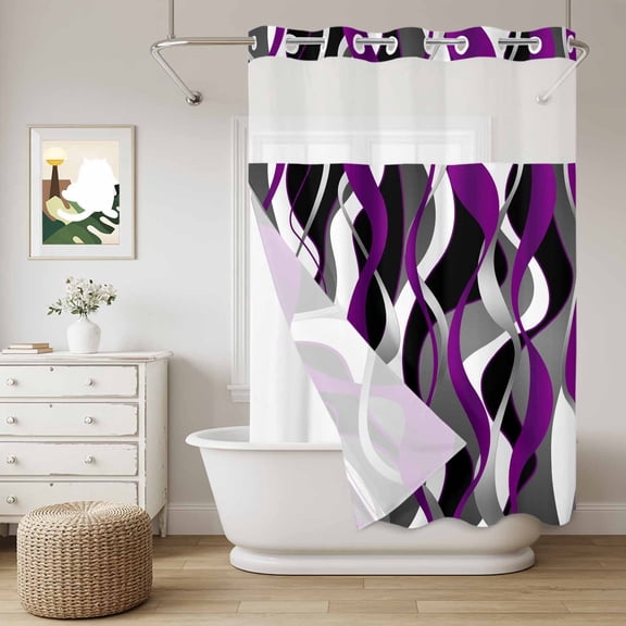 No Hook Shower Curtain with Snap in Liner, Abstract Purple Gray Black White Stripes Curtain Set See-Through Top Double Layers Modern Lines Shower Curtains for Bathroom Decor, 60x72in