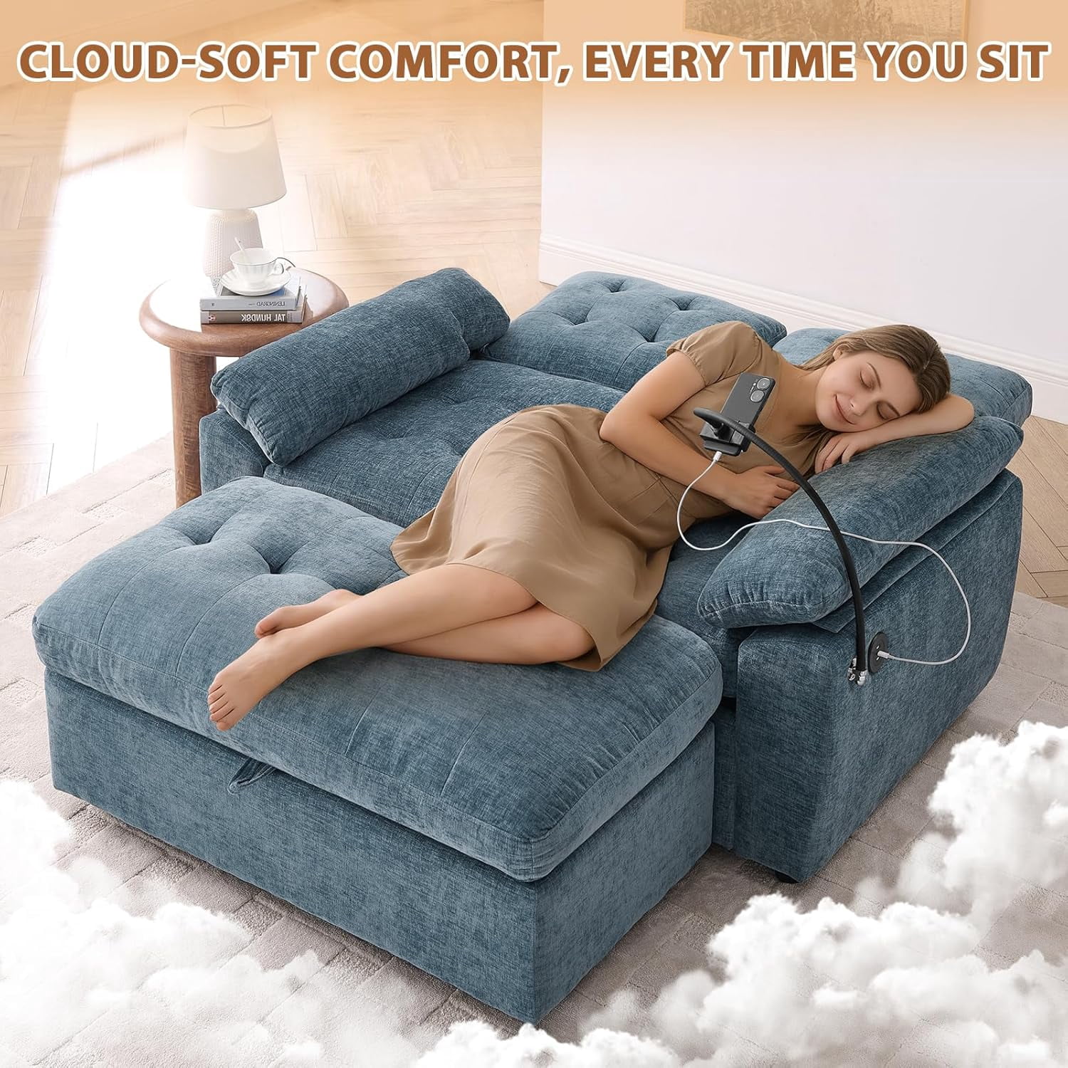 MOONMISS Oversized Chaise Lounge Chair Indoor with Ottoman&Adjustable Backrest,Chenille Tufted Recliner Sofa Chair with USB&Phone Holder,Convertible Sleeper Couch Bed for Living Room,Blue