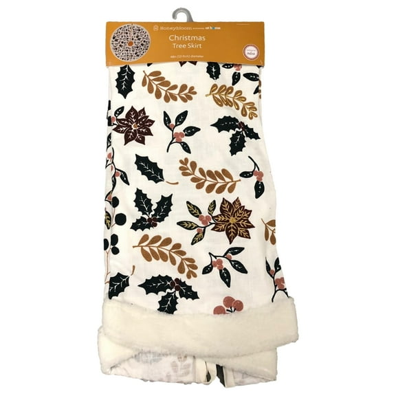 White Sparkle Holly Leaf Print Poinsettia Christmas Tree Skirt 48 Inch