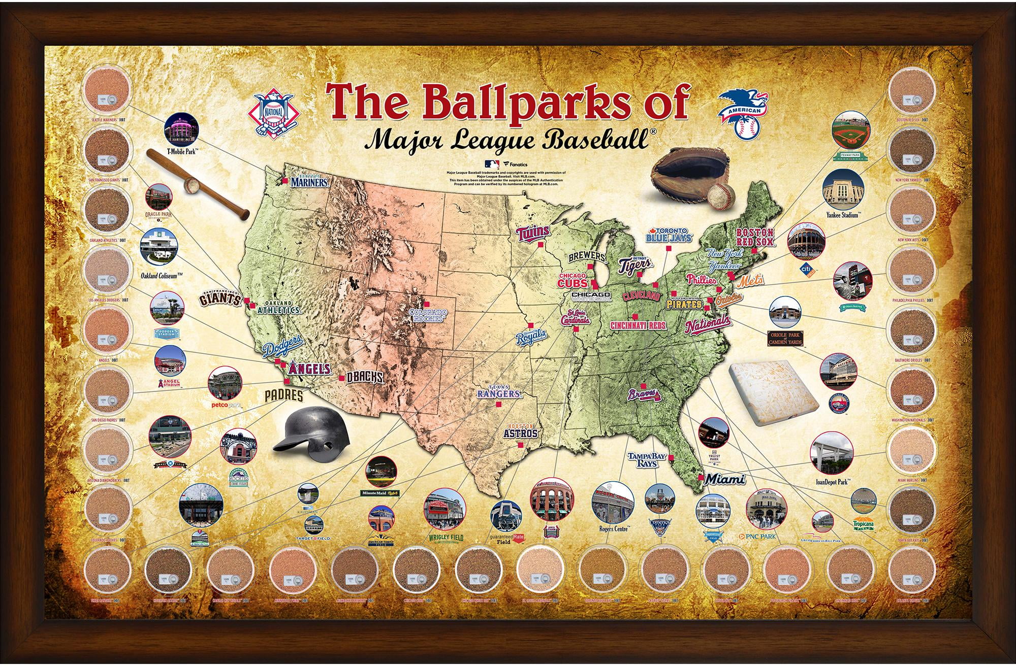 Map Of Mlb Stadiums Major League Baseball Parks Framed 20" X 32" Map Collage With Game-Used  Dirt From All 30 Stadiums - Fanatics Authentic Certified - Walmart.com