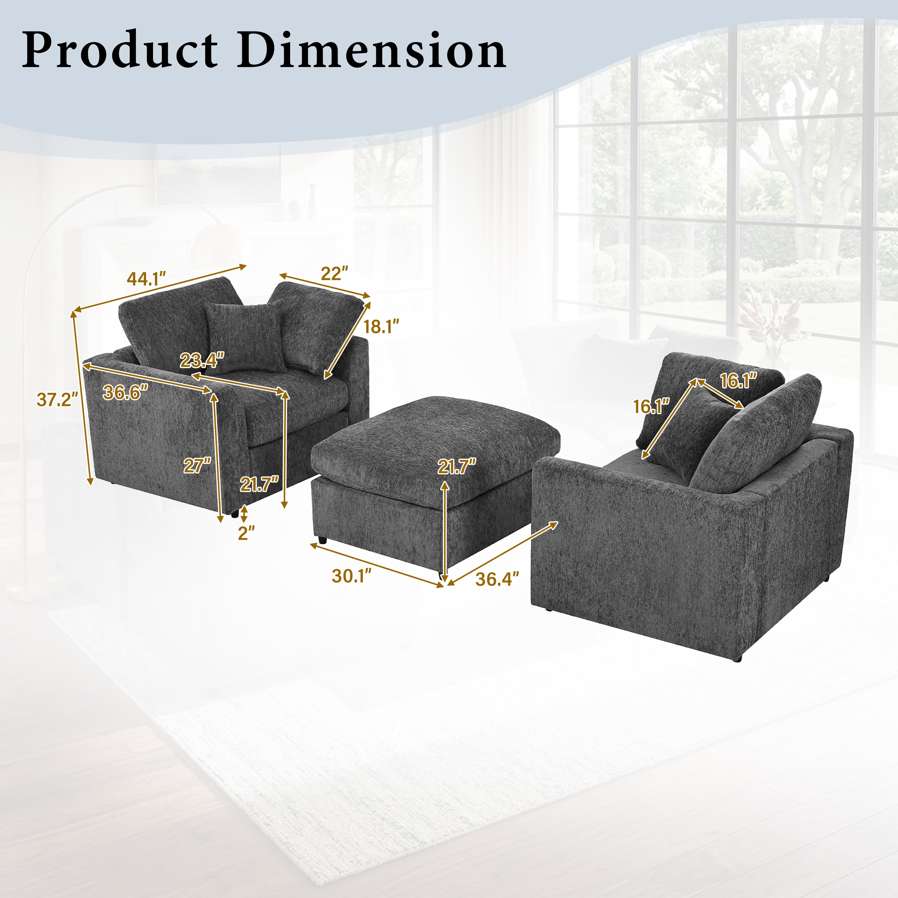 Howcool 3-Piece Modular Accent Chair with Movable Ottoman,Chenille Upholstered Lounge Chairs for Modern Living Room,Gray