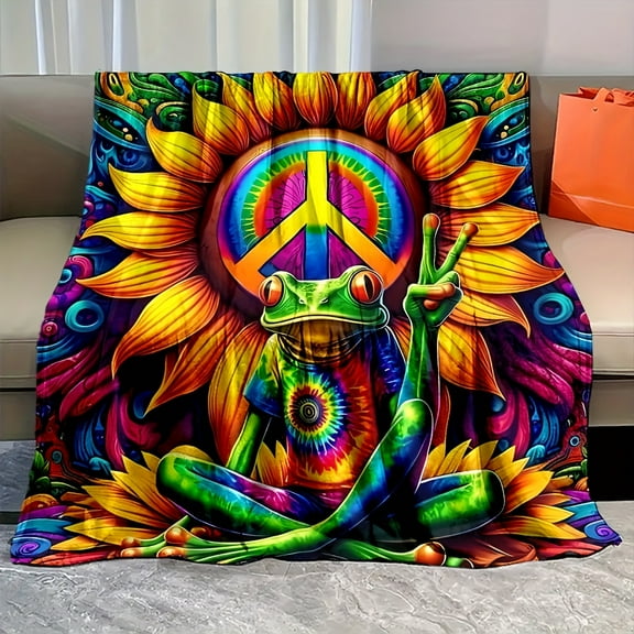 Warm Blanket With Frog And Sunflower Peace Sign Pattern For All Seasons Soft And Soft All Season Multi-purpose Blanket For Sofa Bed Office Camping