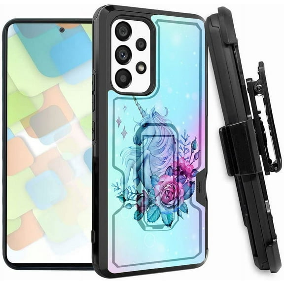 ANJ  Rugged Dual Layered Holster Case w/Kickstand, Card Slot Case   Tempered Glass Cover for Samsung Galaxy A53 5G - Blue Rose Unicorn