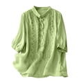 thumbnail image 2 of Women's Floral Print Linen Shirts Solid Color 3/4 Sleeve Lapel Button Embroidered Casual Top Green, 2 of 9