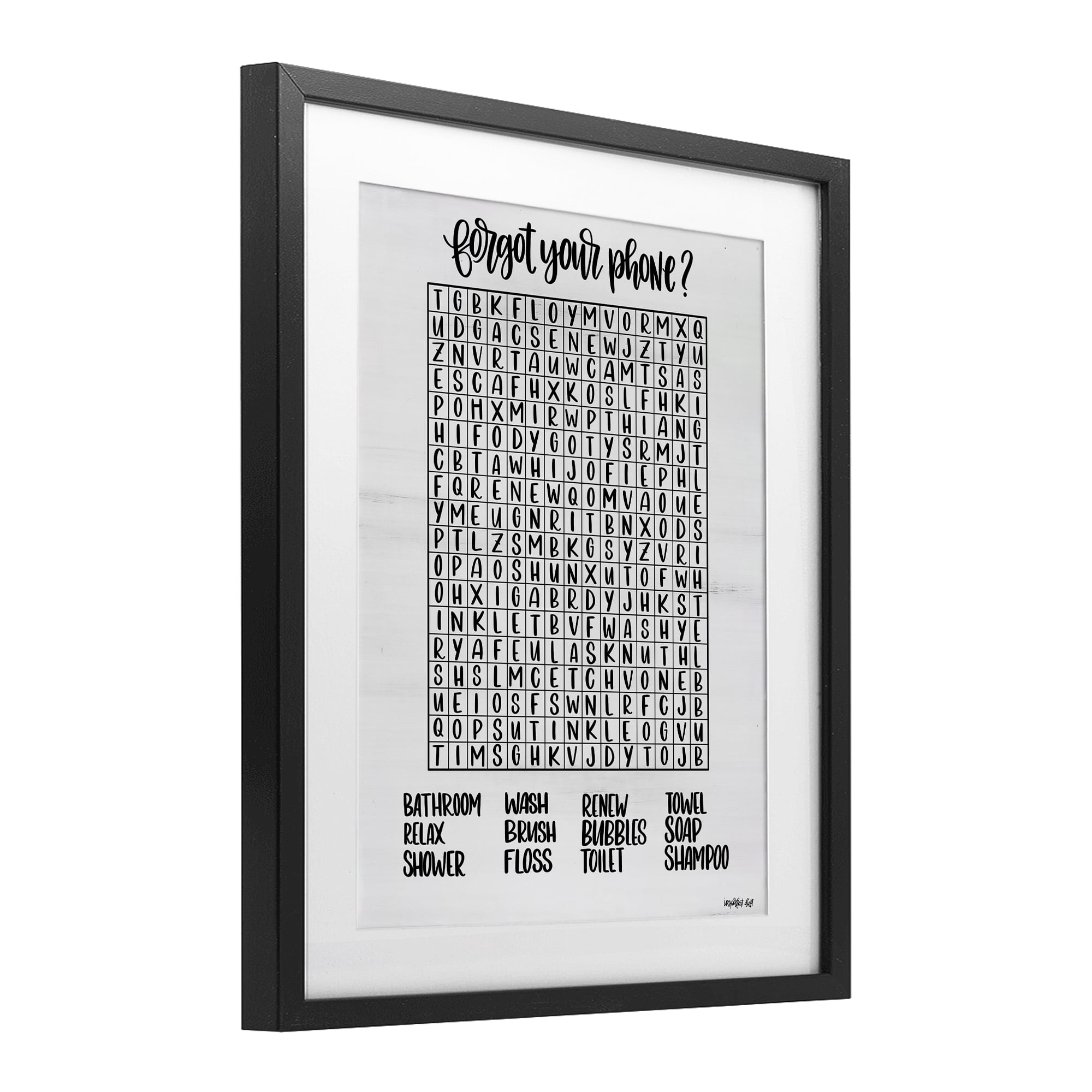 Stupell Industries Forgot Phone Bathroom Wordsearch Black Framed Print Under Glass, design by Imperfect Dust