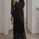 thumbnail image 5 of Vestido de mujer con lunares y lentejuelas, vestido de noche largo elegante sexy con escote en V, manga larga, cintura alta, abertura, vestido maxi con cinturón, 5 of 7
