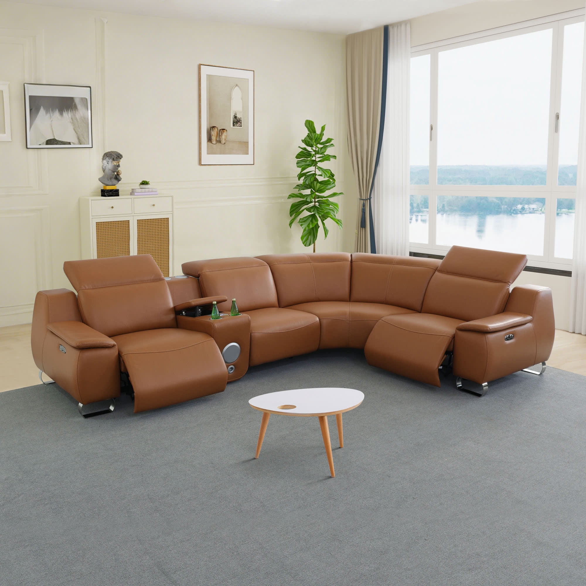 MAYEERTY Power Reclining L-Shaped Sectional Sofa, Waterproof Leather Recliner with Wireless Charging, Bluetooth Speaker & Storage Console, Home Theater Seating for Living Room