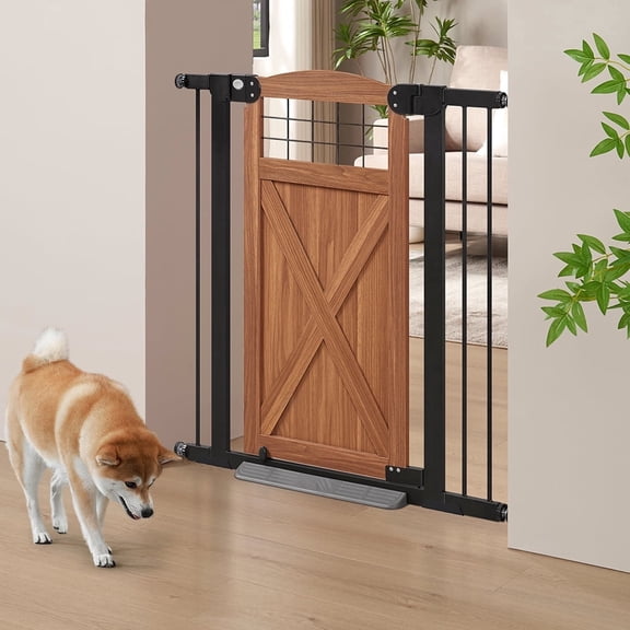 unipaws Barn Door Dog Gate, Anti-Kick Pet Gate with Walk Through Door, Modern Farmhouse Puppy Gate, Walnut