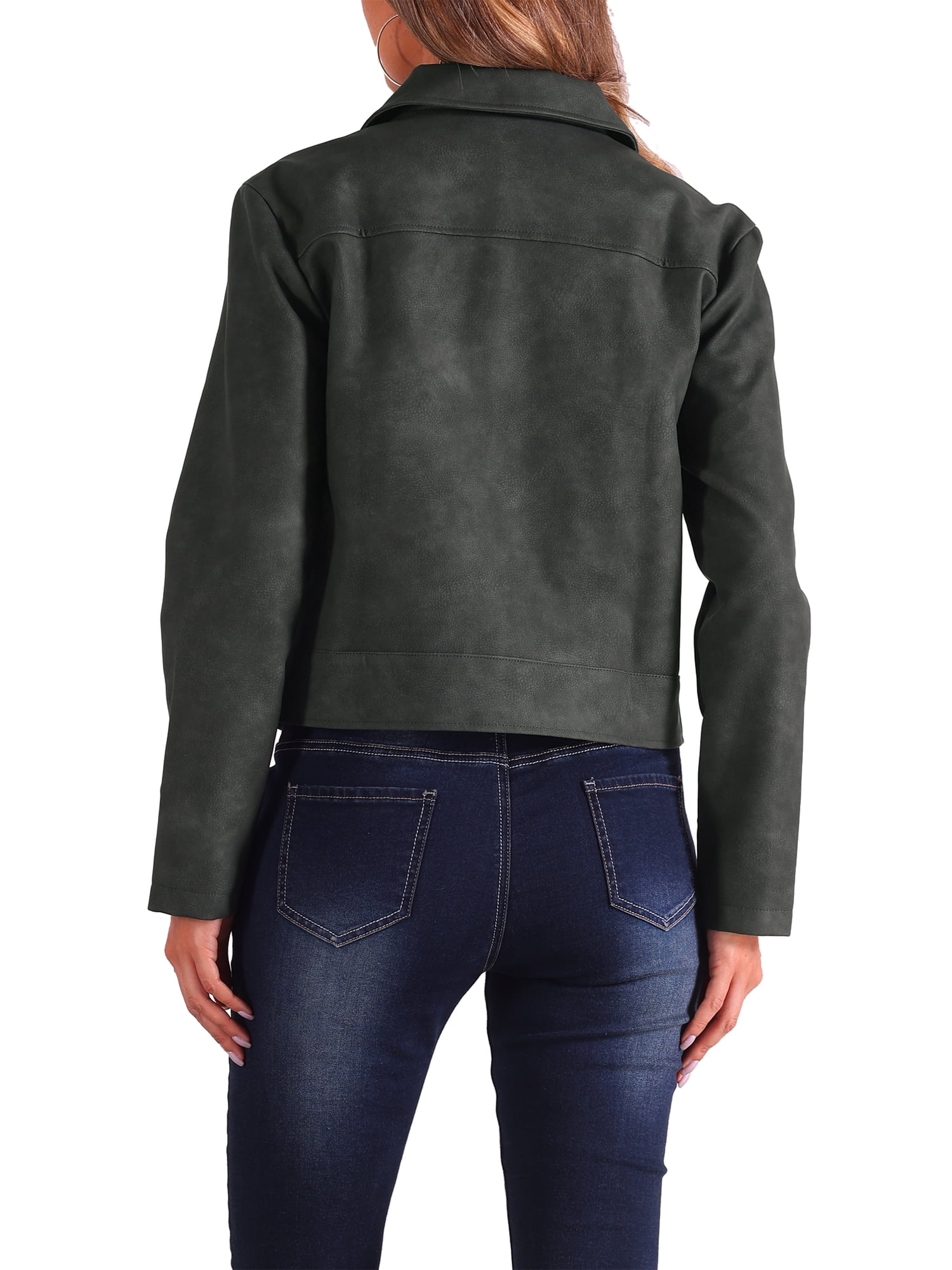 INSPIRE CHIC Women's Faux Leather Jacket Turndown Collar Long Sleeve Zip Jackets L Black