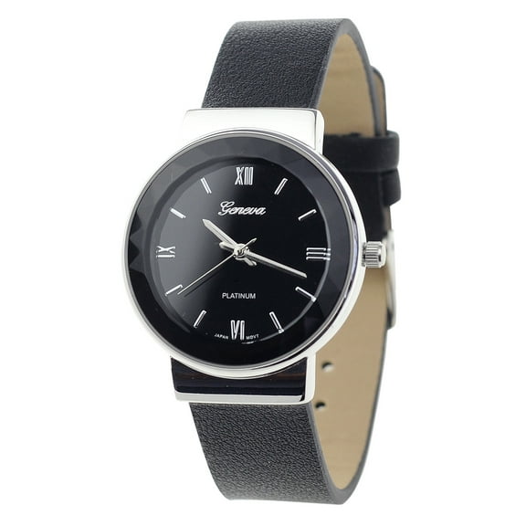 Geneva Japanese Movement Stainless Steel Back Casual Black Faux Leather Strap Watch