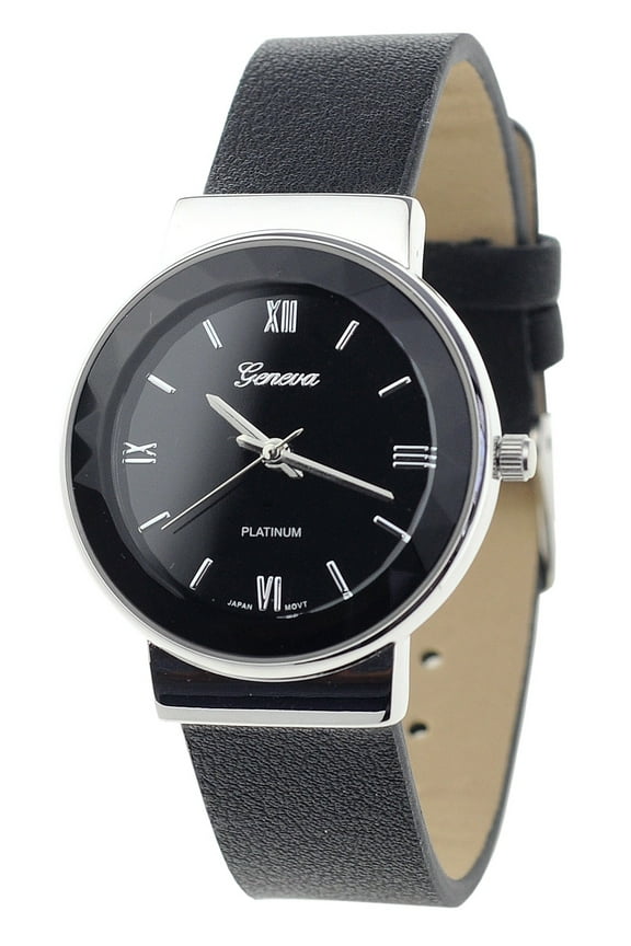 Japanese Movement Stainless Steel Back Casual Black Faux Leather Strap Watch
