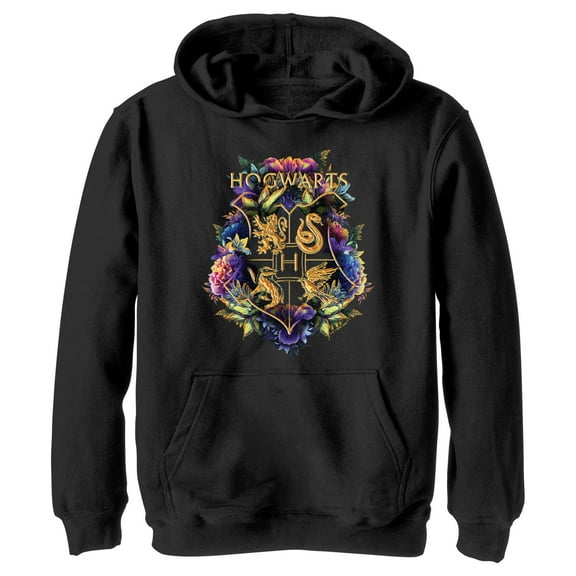 Boy's Harry Potter Floral Hogwarts Crest Pull Over Hoodie Black X Large