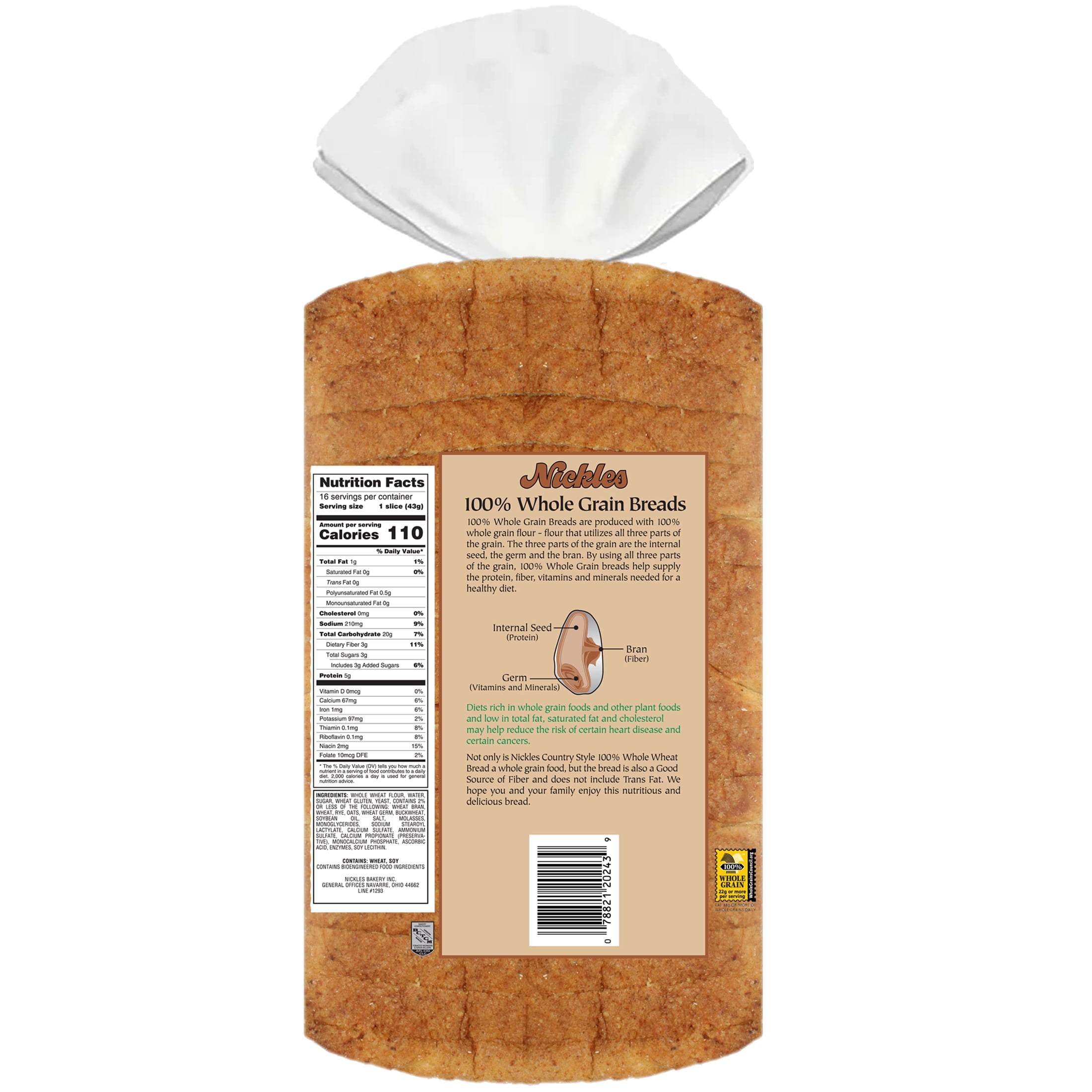 Nickles Bakery Country Style 100% Whole Wheat Bread, 24-ounce Loaf.