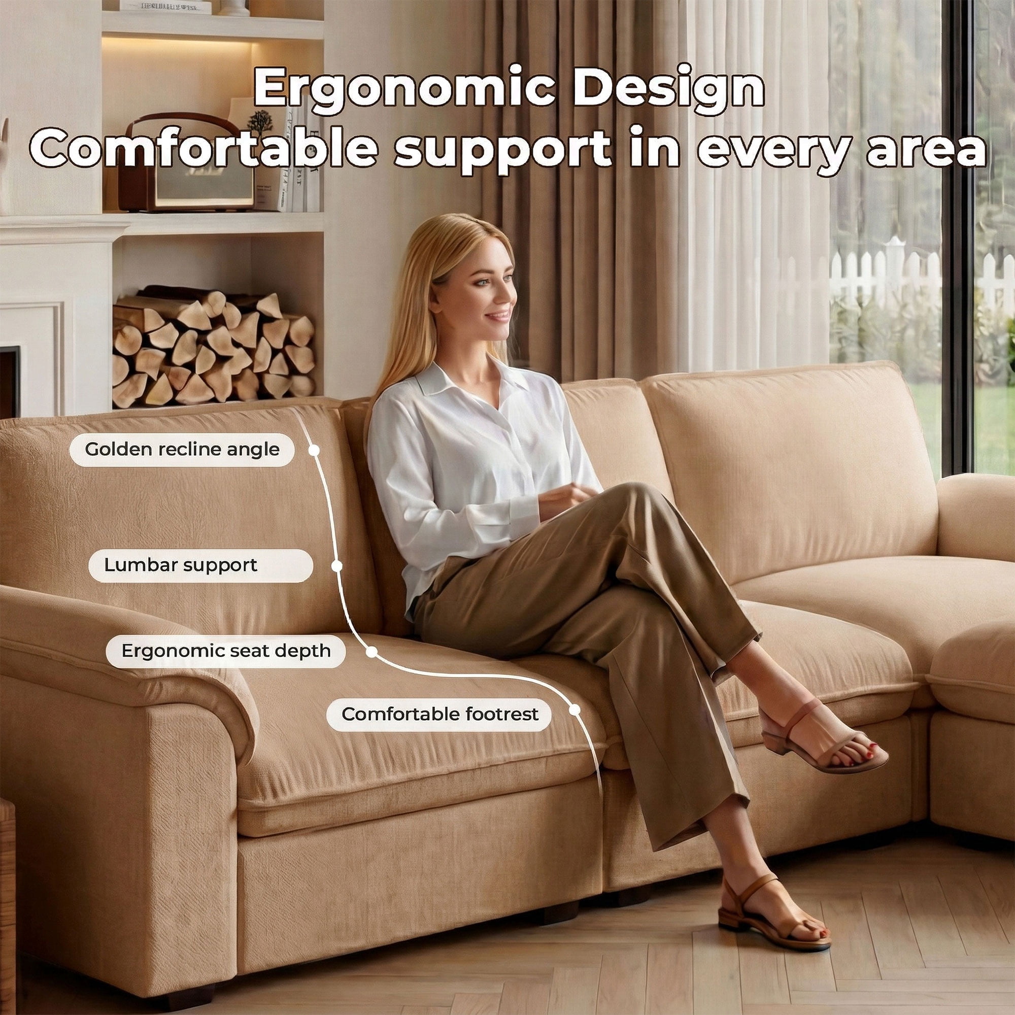 Carzzi-Life 102" Sofa Couch for Living Room, Modern Comfy Sofa with Extra Depth Seat and Ottoman, 3 Seater Chenille Couches for Living Room Apartment, Coffee