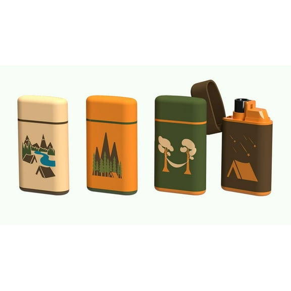 MK Lighter Outdoor Series Camper 4-Pack Assorted Designs, Refillable Butane Tank, Torch Flame, Prepping & Camping Supplies, Survival Lighters (Camper E)