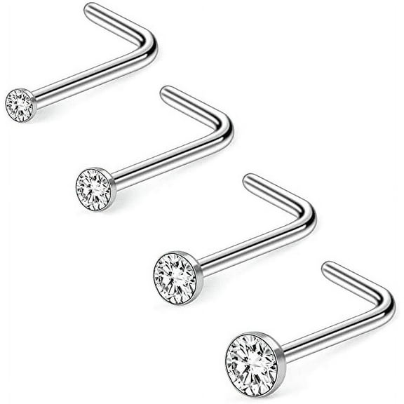 ZS 4Pcs/Set 20g Round Crystal Nose Ring Piercing Simple Style Nostril Piercing L Shaped Nose Stud Piercing