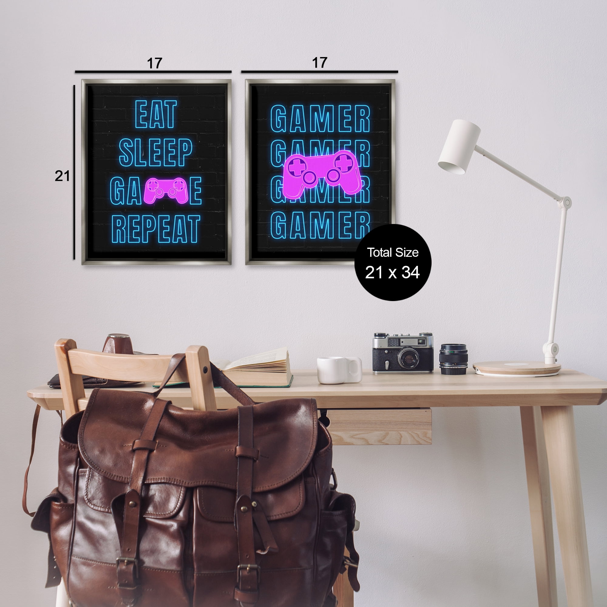 Stupell Industries Neon Gamer Eat Sleep Entertainment Painting Gray Floater Framed Canvas Art Print Wall Art, 17 x 21, Set of 2