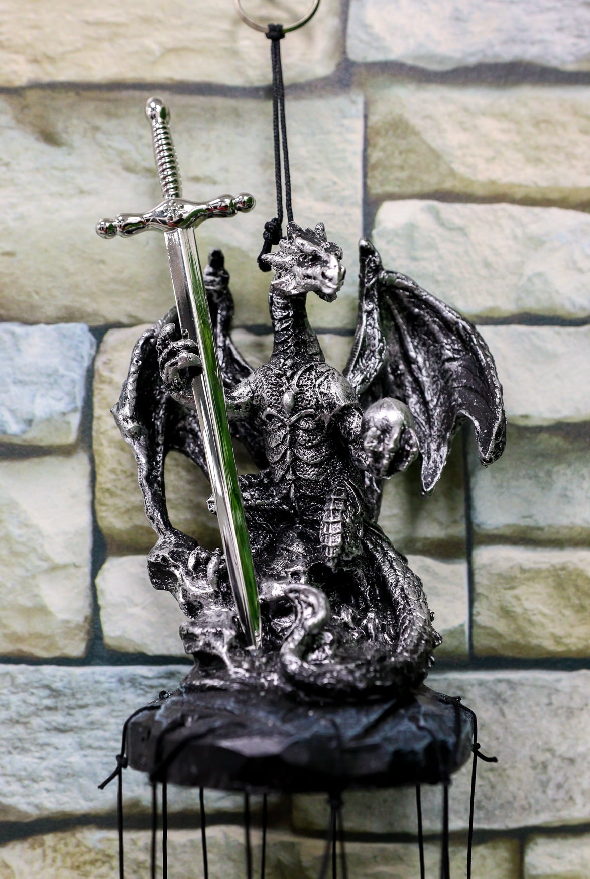 Medieval Silver Dragon Holding Excalibur Sword And Orb Figurine Wind Chime Decor