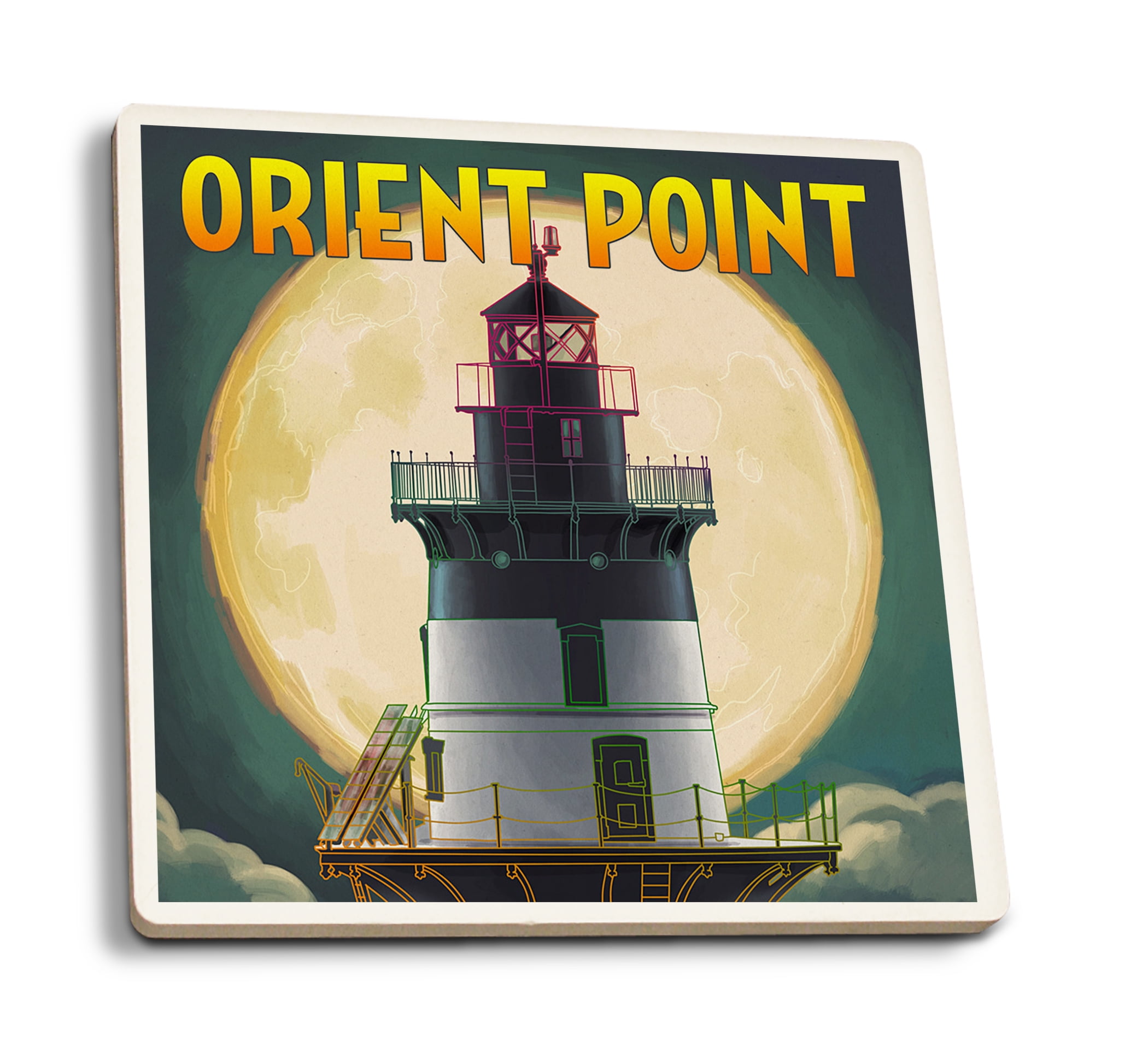 Orient Point Candy Store Orient Point, New York, Lighthouse and Full Moon (Absorbent Ceramic ...